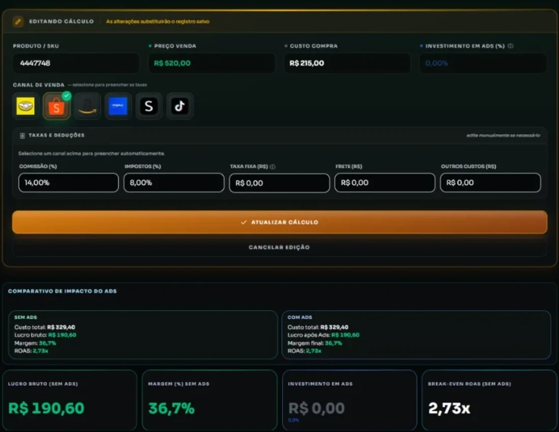 Tela da calculadora de precificação com lucro bruto, margem e ROAS de equilíbrio.