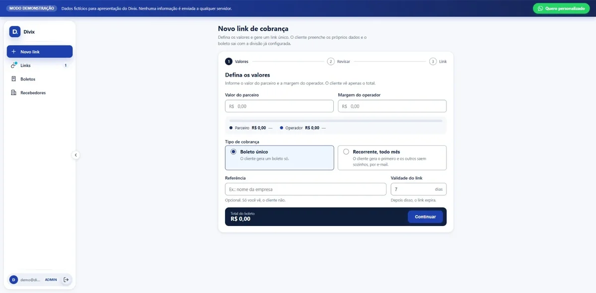 Tela de novo link de cobrança do Divix, com o valor do parceiro e a margem do operador.