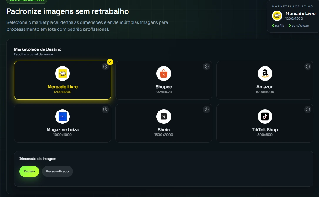 Tela do SPI com a escolha do marketplace de destino e a dimensão de cada um.